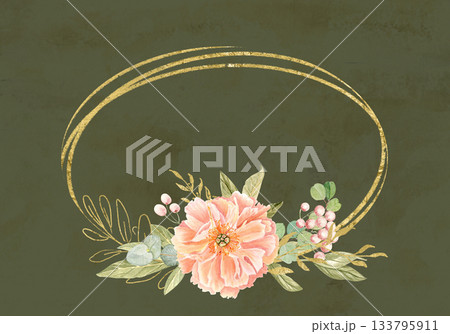 Elegant peach peonies, delicate greenery, subtle gold accents watercolor floral frame isolated on green. Hand-painted perfect for wedding invitations, branding, packaging, cards. Horizontal template Elegant peach peonies, delicate greenery, subtle gold accents watercolor floral frame isolated on green. Hand-painted perfect for wedding invitations, branding, packaging, cards. Horizontal template 133795911