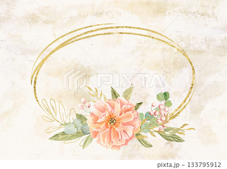 Elegant peach peonies, delicate greenery, subtle gold accents watercolor floral frame isolated on beige. Hand-painted perfect for wedding invitations, branding, packaging, cards. Horizontal template Elegant peach peonies, delicate greenery, subtle gold accents watercolor floral frame isolated on beige. Hand-painted perfect for wedding invitations, branding, packaging, cards. Horizontal template 133795912