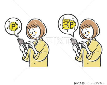 スマホでポイ活をする女性　ベクター 133795925