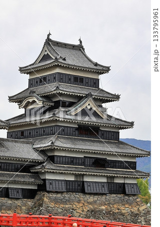 松本城と松の枝と赤い橋 133795961