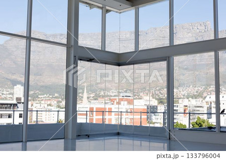 Buildings seen through glass in office 133796004