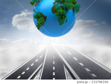 Digitally generated earth floating over street Digitally generated earth floating over street 133796109