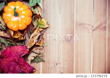 Overhead view of thanksgiving decoration with pumpkin 133796259