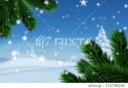 Flat design winter landscape showing green pine branches framing snow hills with falling snowflakes Flat design winter landscape showing green pine branches framing snow hills with falling snowflakes 133796280