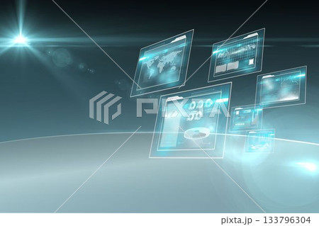 Floating holographic data panels are displaying world map and chart visuals in flat vector design Floating holographic data panels are displaying world map and chart visuals in flat vector design 133796304