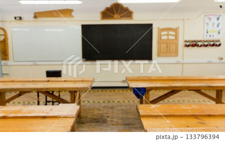 Flat design workshop is showing wooden workbenches with metal vises in rows and chalkboard Flat design workshop is showing wooden workbenches with metal vises in rows and chalkboard 133796394