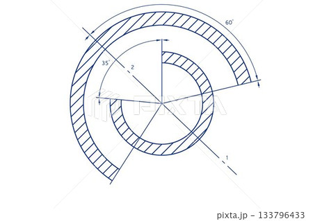 Concentric rings are showing hatched areas and dimensional callouts in flat schematic, copy space 133796433