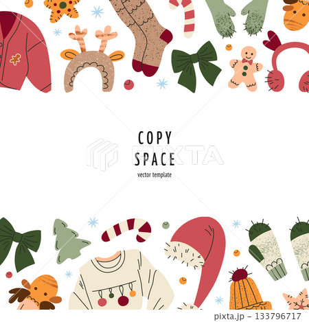 Christmas frame template in flat cartoon vector style with festive mood, party accessories illustrations, Santa hat, reindeer antler headband, bows, gingerbread men and candy cane copy space design Christmas frame template in flat cartoon vector style with festive mood, party accessories illustrations, Santa hat, reindeer antler headband, bows, gingerbread men and candy cane copy space design 133796717
