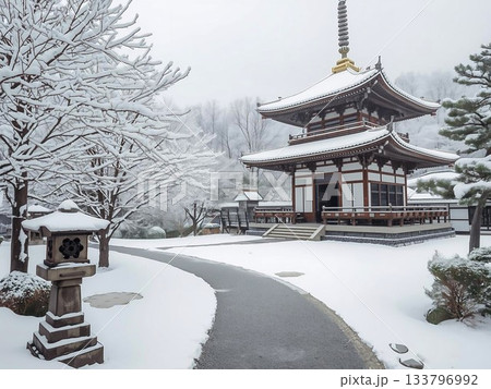 雪の積もる和風建築のイラスト 雪の積もる和風建築のイラスト 133796992