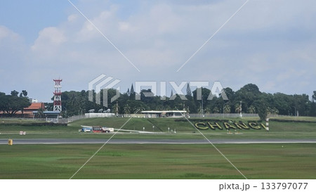 Changi Airport lush greenery spells its name beside a busy runway 133797077