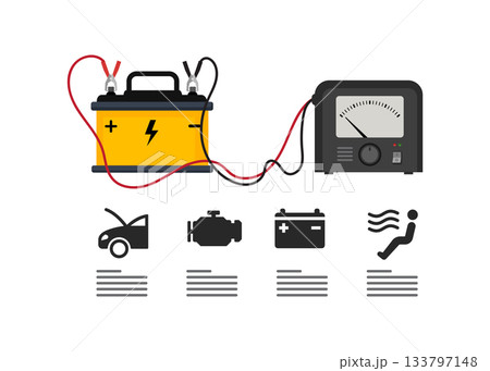 Car battery with connected cable for recharging. Stock Illustration. 133797148
