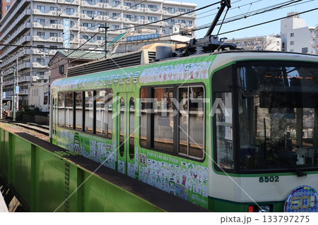 神田川鉄橋を渡り学習院下電停に向かって走る都電の風景 133797275