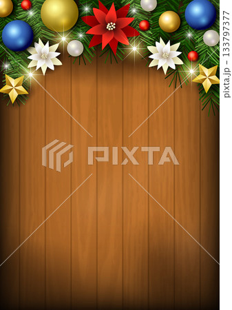クリスマス背景、板、玉飾り、キラキラ、かわいい、イラスト、縦 133797377