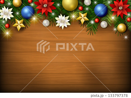 クリスマス背景、板、玉飾り、キラキラ、かわいい、イラスト、横 133797378