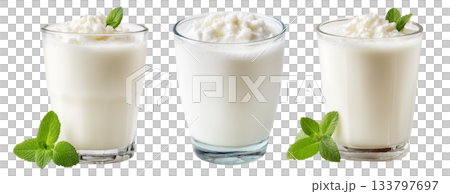 Ayran salted yogurt drink in tall glass with foamy top and mint leaf, isolated on white background, concept of healthy drink 133797697
