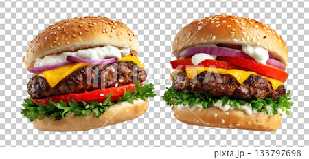 Grilled beef burger with lettuce, tomato, sumac, onion, cheese, and creamy tahini sauce isolated on white background 133797698