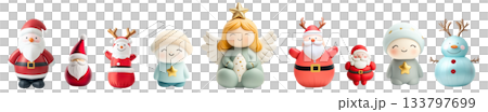 Adorable Christmas figurines including Santa, angels, elves, reindeer, and snowmen in soft pastel tones isolated on a white background, festive and joyful 133797699
