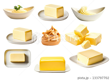 A block of fresh creamy butter on white plate isolated on white transparent background A block of fresh creamy butter on white plate isolated on white transparent background 133797702