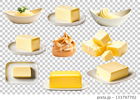 A block of fresh creamy butter on white plate isolated on white transparent background A block of fresh creamy butter on white plate isolated on white transparent background 133797702