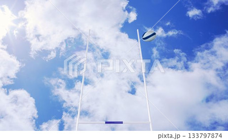 Rugby ball flying between posts 133797874