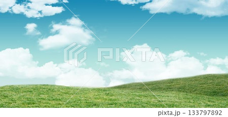 Rolling green hills in vector design are stretching across blue sky with white clouds, copy space 133797892