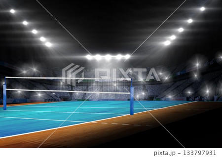 Volleyball net and support posts are being shown in flat design arena with floodlights and seating Volleyball net and support posts are being shown in flat design arena with floodlights and seating 133797931