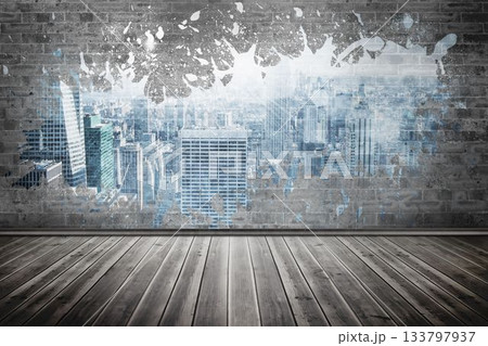 Splash on wall revealing city Splash on wall revealing city 133797937