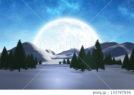 Flat design is showing full moon shining over snowy hills with pine trees and starry sky Flat design is showing full moon shining over snowy hills with pine trees and starry sky 133797939