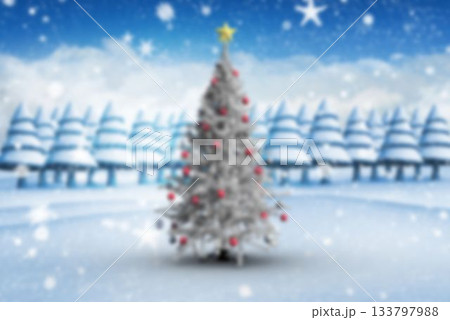 Christmas tree is standing with red baubles and gold star in flat design with falling snowflakes 133797988