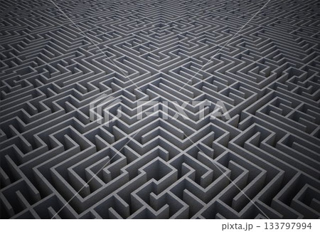 large three-dimensional concrete maze walls are stretching along corridor grid in 3D render 133797994