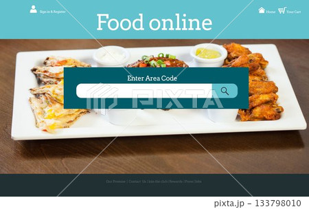 Food delivery banner showing flat design white plate with appetizers and teal search bar Food delivery banner showing flat design white plate with appetizers and teal search bar 133798010