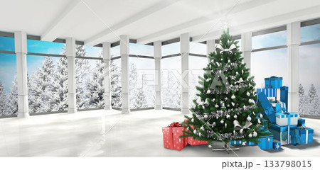 Flat design showing star-topped fir tree with silver baubles, tinsel and colorful gift boxes Flat design showing star-topped fir tree with silver baubles, tinsel and colorful gift boxes 133798015