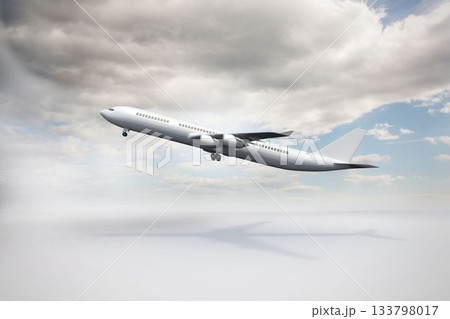 Flat design showing white twin-engine jet airliner is ascending with landing gear over cloudy sky 133798017