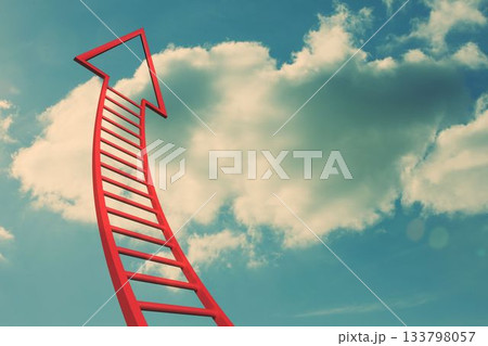 Red ladder arrow pointing up against sky Red ladder arrow pointing up against sky 133798057