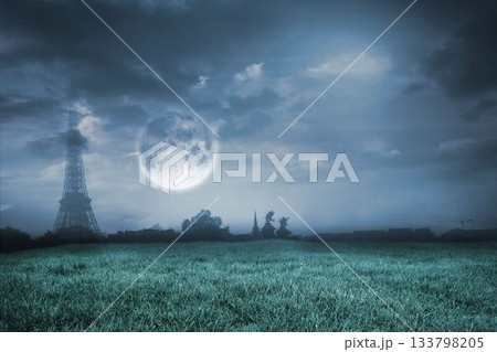Digital composite of Bright moon over paris Digital composite of Bright moon over paris 133798205