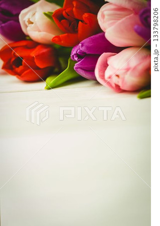 Cluster of multicolored tulip flowers is being shown in flat vector style on light wooden tabletop 133798206