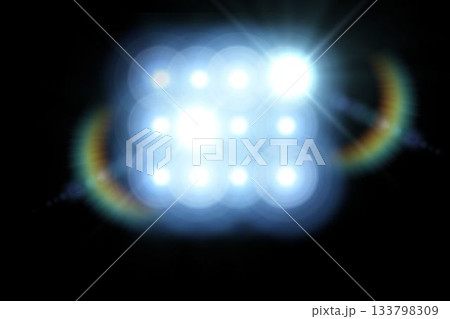 Grid of LED lights is shining against black background with lens flare rings, vector art 133798309