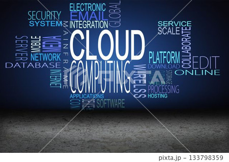 Cloud computing buzzwords above desert Cloud computing buzzwords above desert 133798359