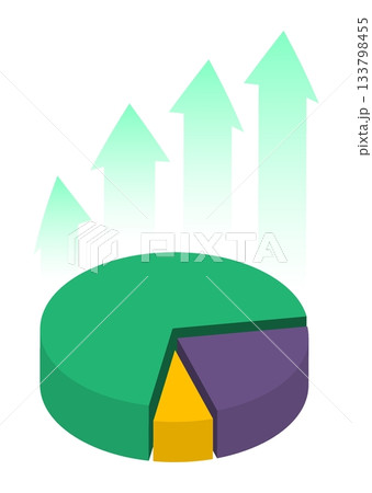 Isometric pie chart with dynamically growing green arrows pointing upwards. Isolated cartoon vector concept on white background top view Isometric pie chart with dynamically growing green arrows pointing upwards. Isolated cartoon vector concept on white background top view 133798455