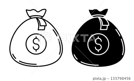 Linear icon. Money bag containing dollars and euros, sealed with a bank seal. Simple black and white vector isolated on white background Linear icon. Money bag containing dollars and euros, sealed with a bank seal. Simple black and white vector isolated on white background 133798456