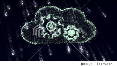 Glowing digital cloud icon streaming binary digits in dark abstract space, with embedded gear icons Glowing digital cloud icon streaming binary digits in dark abstract space, with embedded gear icons 133798471