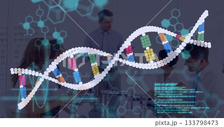 Floating semi-transparent DNA helix above boardroom table with experts discussing genetic research Floating semi-transparent DNA helix above boardroom table with experts discussing genetic research 133798473