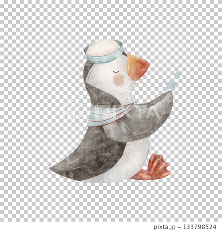 Puffin sailor in naval cap, holding stars. Watercolor illustration bird orange beak, seabird. Hand-drawn in nautical children's style. Image is isolated from background for design postcards posters 133798524