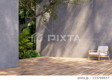 3D render of a minimalist outdoor space with wooden deck, concrete walls, single lounge chair 3D render of a minimalist outdoor space with wooden deck, concrete walls, single lounge chair 133798637