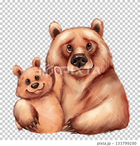 Hand-drawn illustration of the cute adult bear and cub waving. 133799280