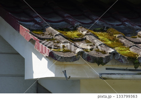セメント瓦が劣化し苔がついた屋根の様子 133799363
