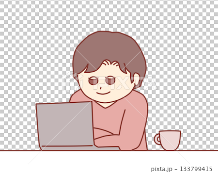 Illustration of a smiling man looking at a computer, warm colors 133799415