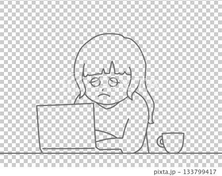 一幅線條畫,描繪了一個面容憂慮、正看著電腦的女人。 一幅線條畫,描繪了一個面容憂慮、正看著電腦的女人。 133799417
