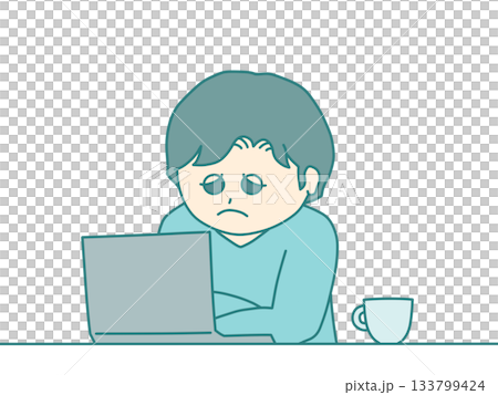 一幅描繪一位面露憂色、正看著電腦的男子的插圖——冷色調 一幅描繪一位面露憂色、正看著電腦的男子的插圖——冷色調 133799424