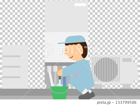 Image of a person wearing work clothes draining a water heater 133799586